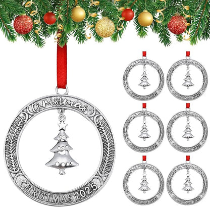 Jinei 6 Pcs Christmas Wreath Ornament Bulk 2025 Solid Pewter Christmas Ornament with Rotatable Tree Metal for Xmas Decorative Holiday Keepsake Gift (Xmas Tree)