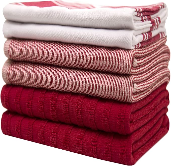 Premium Kitchen Towels 6 Pack Large Cotton Hand Towels Flat Terry Absorbent Hanging Loop Wide Stripe Red 20x28