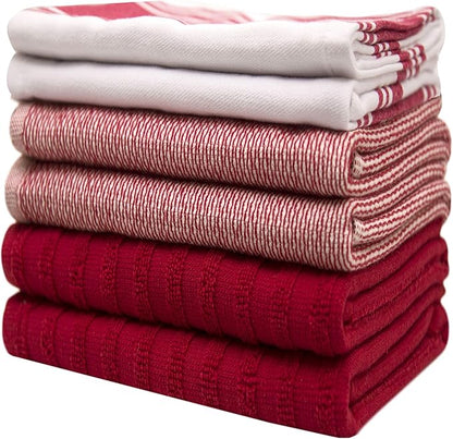 Premium Kitchen Towels 6 Pack Large Cotton Hand Towels Flat Terry Absorbent Hanging Loop Wide Stripe Red 20x28