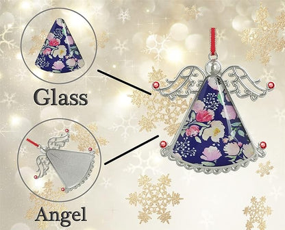 XUTAI Angel Christmas Tree Ornaments Christmas Ornament Gorgeous Watercolor Pink Flowers Glass Christmas Hanging Angel Glass Pendant for Holiday Decoration