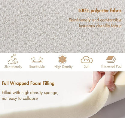 3-Piece Nesting Upholstered Bench with 2 Stools, 53" Chenille Accent Chair Waterfall Bench Modern End of Bed Entryway Bench Bedroom Bench for Living Room Vanity, White, No Need to Install