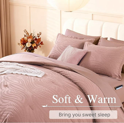Geniospin Queen Comforter Set - 7 Pieces Dusty Pink Bedding Set, Botanical Textured Comforter Bed Set, All Season Lightweight Bed in a Bag with Comforter, Sheets, Pillowcases & Shams
