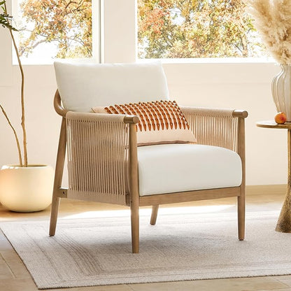 CHITA Braid Accent Chair, Modern Armchair with Solid Wooden Armrest for Living Room and Bedroom, Boho Reading Chair, Cream