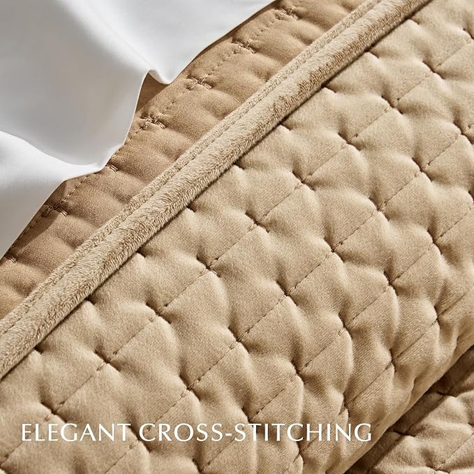 EVERGRACE Luxury Velvet Quilt Set King Size 3 Piece, Soft Cross-Stitch Velvet Comforter Set with Pillow Shams, Lightweight Coverlet Bedspread Bedding Set for All Seasons, Camel