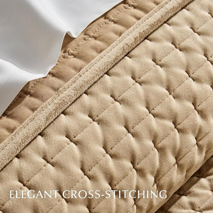 EVERGRACE Luxury Velvet Quilt Set King Size 3 Piece, Soft Cross-Stitch Velvet Comforter Set with Pillow Shams, Lightweight Coverlet Bedspread Bedding Set for All Seasons, Camel