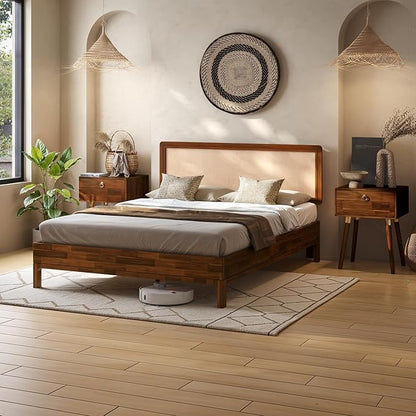 Bme Nipe Bed Frame with Headboard, Bohemian and Mid-Century Modern Style, Solid Acacia Wood Platform Bed with Slat Support, No Box Spring Needed, Easy Assembly, Queen - Dark Chocolate