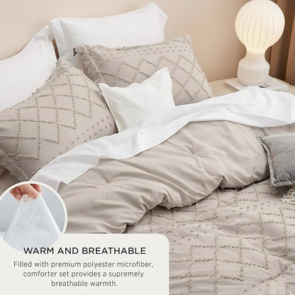 Bedsure Queen Comforter Set - Linen Comforter, Boho Tufted Shabby Chic Bedding for Kids, 3 Pieces Vintage Farmhouse Bed Set for All Seasons, Fluffy Soft Bedding with 2 Pillow Shams