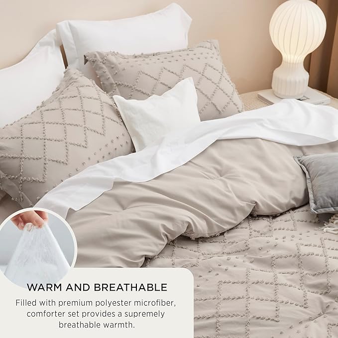 Bedsure King Comforter Set - Linen Comforter, Boho Tufted Shabby Chic Bedding for Kids, 3 Pieces Vintage Farmhouse Bed Set for All Seasons, Fluffy Soft Bedding with 2 Pillow Shams