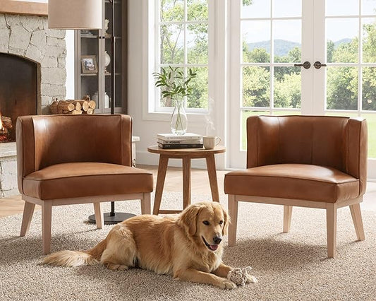 Barrel Chairs Set of 2 Mid Century Modern Accent Chairs with Solid Wood Leg Upholstered Reading Arm Chair Faux Leather Waiting Room Round Side Chairs for Small Spaces Living Room Bedroom Office, Brown