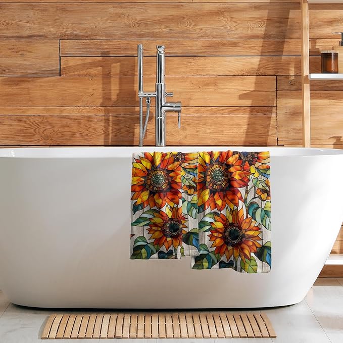 Sunflower Kitchen Towels Set of 2 Retro Barn Wooden Floral Country Spring Summer 14x28 Tabletop Decor Sunflower