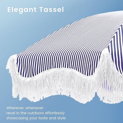 PHI VILLA 7ft Beach Umbrella with Fringe & Sand Anchor, Outdoor Patio Heavy Duty Windproof Portable Tassel Umbrellas for Sand with Push Button Tilt & Carrying Bag, UPF 50+, Stripe Blue & White