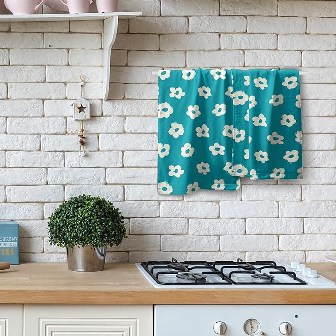 Modern Style Kitchen Towels Set of 2 Aqua Floral Quick Dry Microfiber Dish Towels