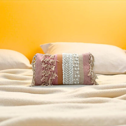 Decorative Boho-Chic Lumbar Pillow Cover 12x20 Handwoven Tufted Fringed Cotton Pink Cream Beige Neutral Farmhouse Bohemian Scandinavian Trendy USA Design