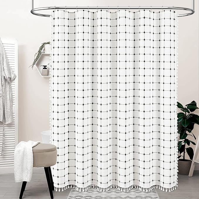 BTTN White and Black Boho Shower Curtain - Linen Rustic Farmhouse Heavy Duty Fabric Shower Curtain Set with Tassel, Water Repellent, Bohemian Vintage Country Cloth Shower Curtains for Bathroom, 72x72