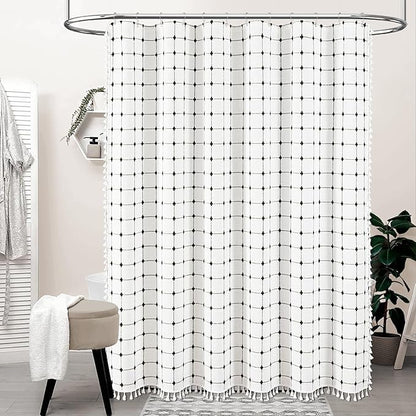 BTTN Extra Long Shower Curtain - 72x96 Inch Long Boho Chic Linen Fabric Heavy Duty Shower Curtain Set with Hooks, Bohemian Farmhouse Shabby Chic Tassel Shower Curtains for Bathroom - White and Black