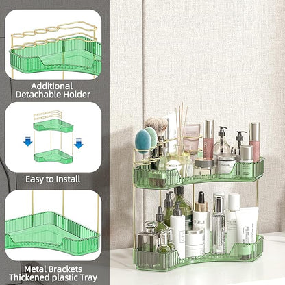 2 Tier Corner Bathroom Organizer Countertop, Vanity Makeup Organizer with Brush Holder, Space-Saving Skincare Storage Corner Shelf for Bathroom, Kitchen