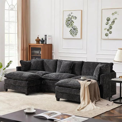 SoarFlash 107.4" Chenille Sectional Sofa, Comfy U Shaped Modular Coush Sofa with Ottoman, Modern 4 Seat Couch Deep Seat Sofa Set for Living Room,Black