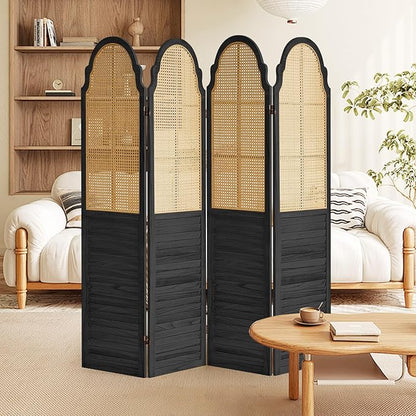 4 Panel Wood Room Divider, Folding Privacy Screen, Rattan Room Divider Wall, Foldable Wood Divider Wall, Portable Partition Screen Room Deco Divider for Room Separation Bedroom Garden (Black)