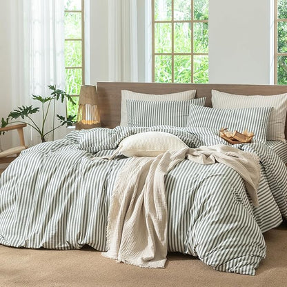 MooMee Striped Duvet Cover Set 100% Washed Cotton Linen Like Textured Breathable Durable Soft Comfy (Heathered Green Classic Stripes, Cal King 104"x98")