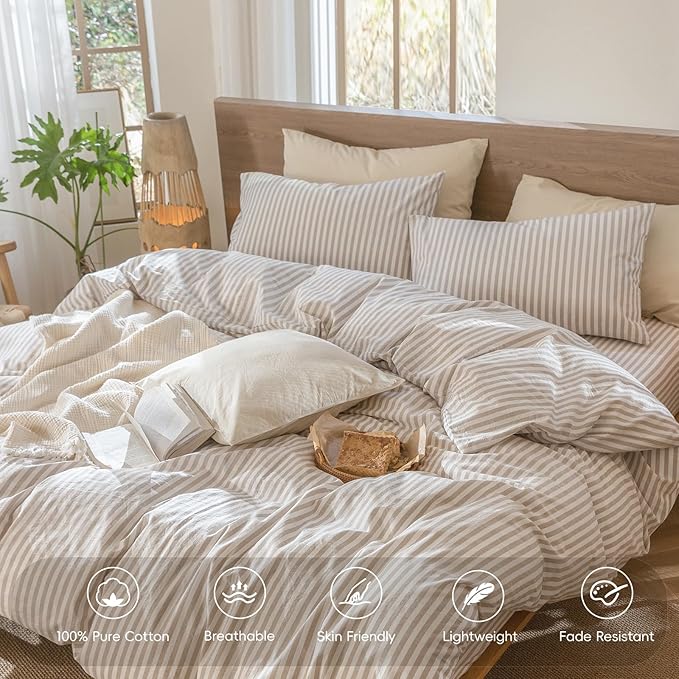 MooMee Striped Duvet Cover Set 100% Washed Cotton Linen Like Textured Breathable Durable Soft Comfy (Tannish Linen Grey White Classic Stripes, King 104"x90")