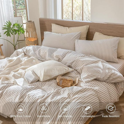 MooMee Striped Duvet Cover Set 100% Washed Cotton Linen Like Textured Breathable Durable Soft Comfy (Tannish Linen Grey White Classic Stripes, Cal King 104"x98")