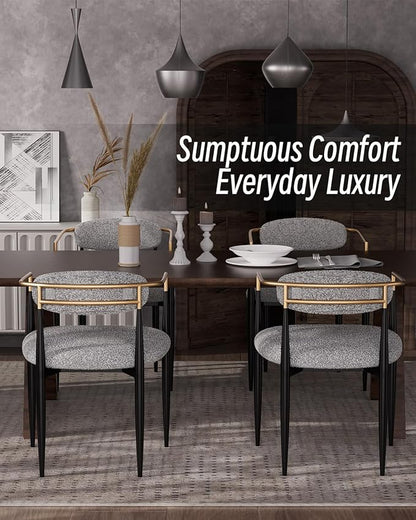 Morden Fort Modern Boucle Dining Chairs Set of 2, Grey Upholstered Dining Chairs with Black Metal Legs and Gold Armrest, for Kitchen, Living Room and Café