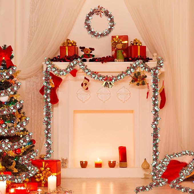 50FT Red Green Christmas Tinsel Garland with Snowman Ornaments, Metallic Twist Shiny Xmas Garland for Tree Decorations Fireplace Mantel Home Office Stair Party Outdoor Indoor Holiday Decor