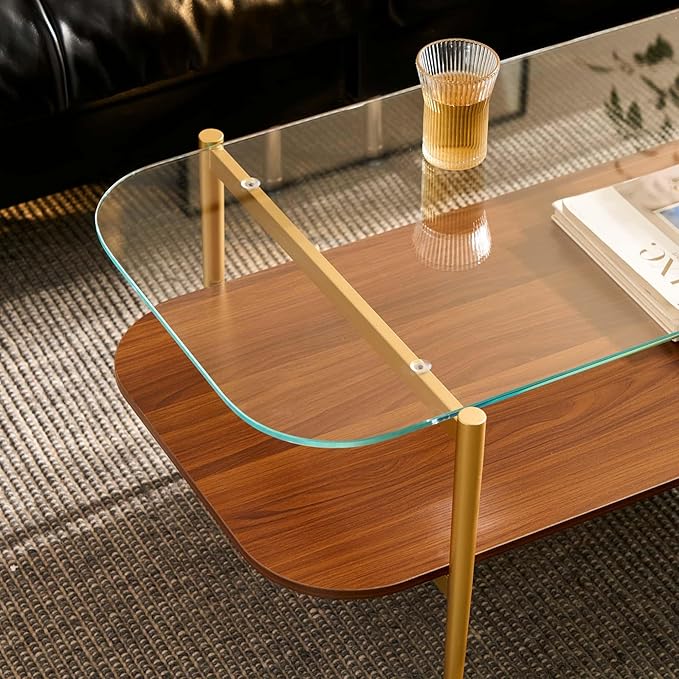 AGV LIGHTING Tadio Glass Coffee Table, Mid-Century Modern Coffee Table for Living Room, Gold Finish Leg, Clear Glass Top & Walnut Brown Shelf, Rounded Corners