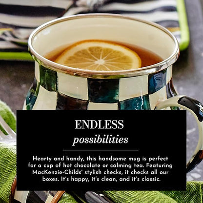 MACKENZIE-CHILDS Enamel Mug, Cute Enamelware Coffee and Tea Mug, Unique Drinkware, 16 Ounces, Black-and-White Courtly Check, Set of 4