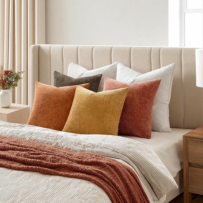 MIULEE Pack of 4 Fall Orange/Yellow Throw Pillow Covers 20x20 Inch Halloween Soft Decorative Chenille Pillows Farmhouse Accent Cushions for Boho Home Decor Spring Bedroom Living Room