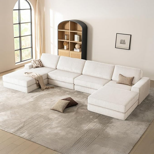 160.63‘’ Boneless Couch Cloud Modular Sectional Couches for Living Room, Oversize U-Shape Sofa with Deep Seat, Plush Corduroy 4-Seater with 2-Ottoman, No Assembly Required