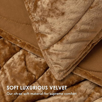EVERGRACE Luxury Velvet Quilt Queen Size, Ultra Soft Wave Crushed Velvet Bedding Set, Lightweight Quilted Comforter Set for All Season, Oversized Bedspread Coverlet with 2 Shams, Harvest Gold