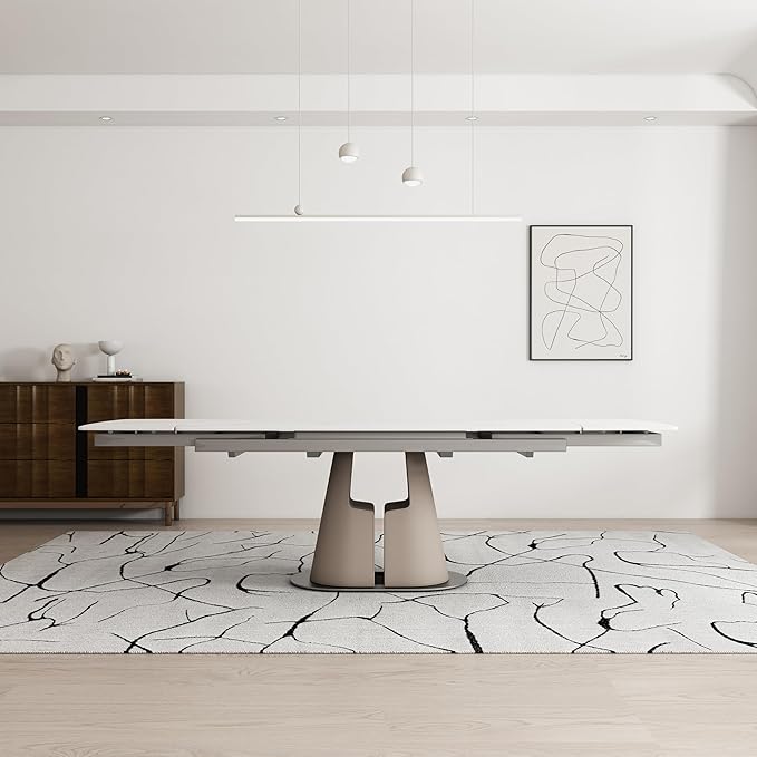 Modern Dining Table, Seats 8-10, Extendable Sintered Stone Dining Table, White Top, Saddle Leather Pedestal Table, 90 in.