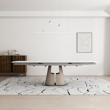 Modern Dining Table, Seats 8-10, Extendable Sintered Stone Dining Table, White Top, Saddle Leather Pedestal Table, 90 in.