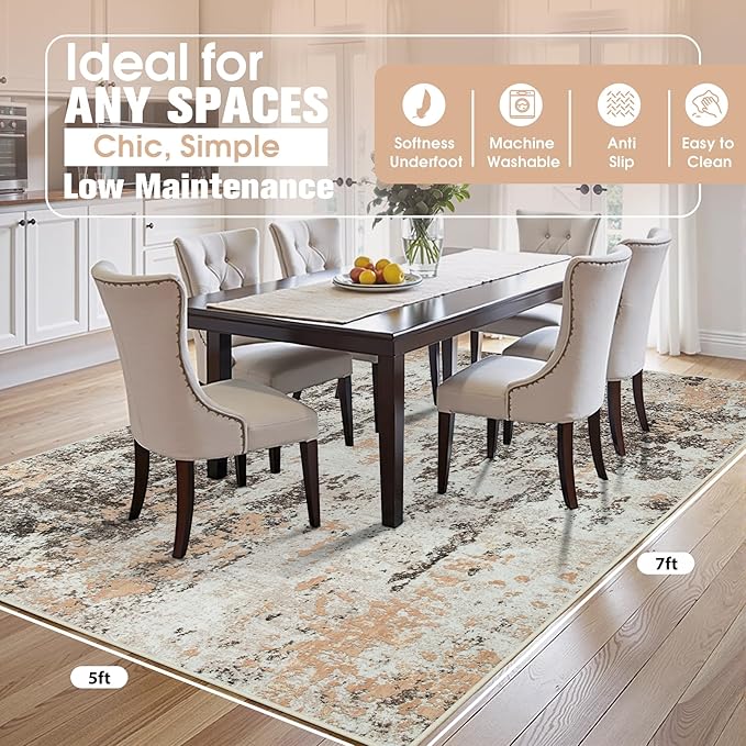 5x7 Area Rugs for Living Room Rug Washable: Abstract Rug for Dining Room Bedroom Carpet Non Slip 5 by 7 Indoor Modern Nursery Home Office Brown Beige