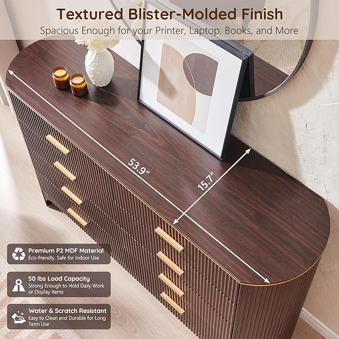 Fluted 8 Drawer Dresser for Bedroom with Curved Profile Design,53.9" W Wide Chest of Drawers with Reeded Front Panels,Wide Storage Cabinet with Smooth-Glide Drawers for Living Room,Brown Oak