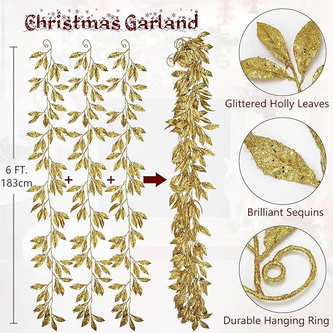 3 Pcs 6FT Christmas Garland Gold Glittered Artificial Magnolia Leaves for Mantle Christmas Tree Decorations Indoor Outdoor Hanging Garland Ornaments Garden Door Wall Window Stair Holiday Home Decor
