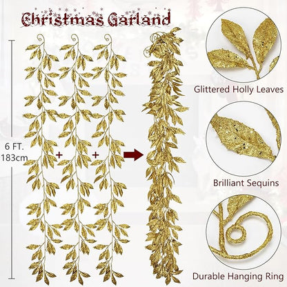 3 Pcs 6FT Christmas Garland Gold Glittered Artificial Magnolia Leaves for Mantle Christmas Tree Decorations Indoor Outdoor Hanging Garland Ornaments Garden Door Wall Window Stair Holiday Home Decor