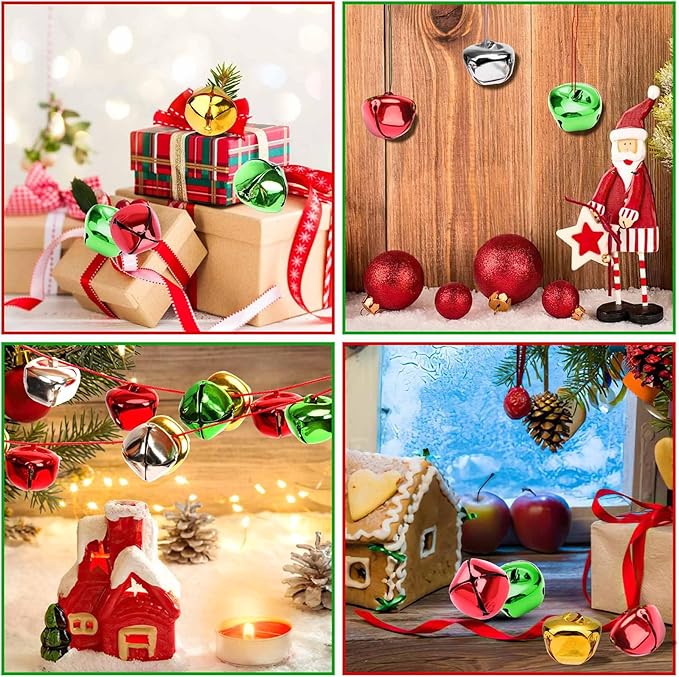 Augshy 120 Pieces Jingle Bells 4/5 Inch Craft Bell Bulk for Christmas Home and Pet Decorations Xmas Decor Party Favors Supplies (Gold, Silver, Red, Green)