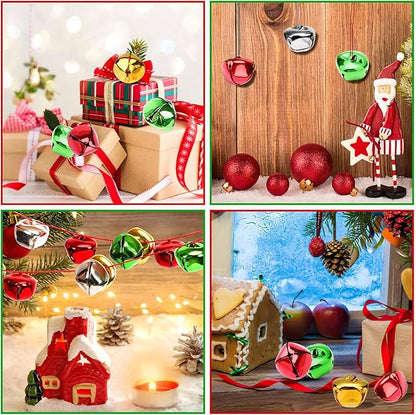 Augshy 120 Pieces Jingle Bells 4/5 Inch Craft Bell Bulk for Christmas Home and Pet Decorations Xmas Decor Party Favors Supplies (Gold, Silver, Red, Green)