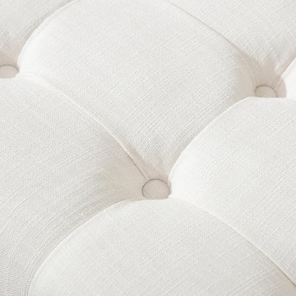 Wooden Entryway Bench for End of Bed Bench with Shoe Shelf Farmhouse Button Tufted Linen Fabric Upholstered Hallway Bench for Living Room/Bedroom/Hallway/Window Corner, Ivory