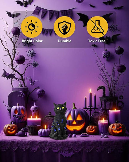 Black Cat Decor Halloween Decorations - 7.3'' Tall Resin Figurine with Moon Cutouts Color-Changing LED Flickering Lights (Halloween Cat)