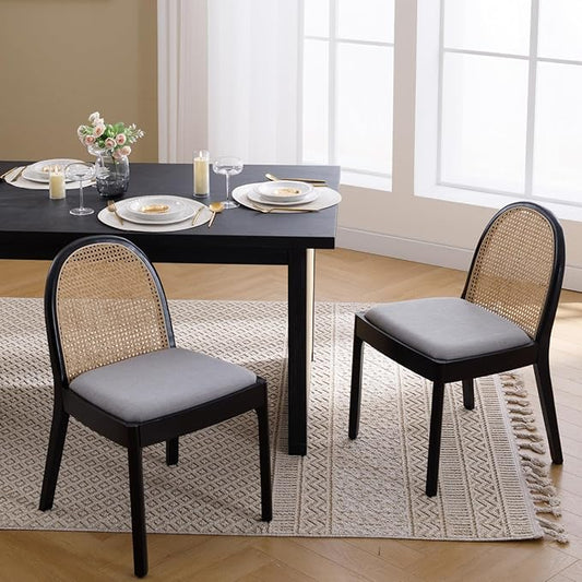Mid Century Dining Chairs Set of 6, Rattan Side Chairs Linen Fabric Kitchen Chair with Solid Wooden Legs for Living Room Dining Room, Grey
