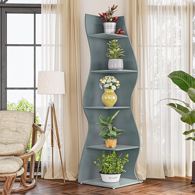 LITTLE TREE Small Corner Shelf, Modern 5-Tier Wall Corner Bookshelf, Stylish Bookcase Storage Rack for Small Space, Living Room, Bedroom, Blue, 2 Pack