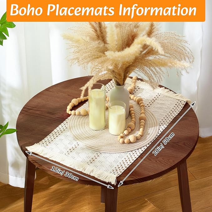 6 Sets Boho Placemats Round Woven Placemats, Cloth Napkins, Wood Bead Napkin Rings, Long Table Runner and Farmhouse Rustic Natural Burlap Cotton for Kitchen Dining Table Home (White)