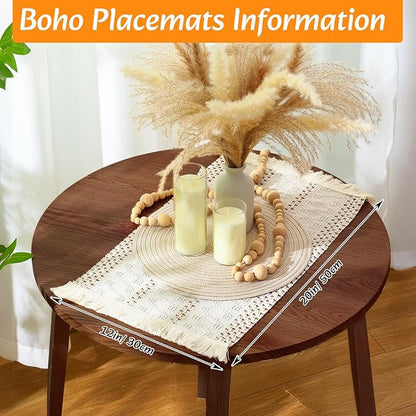 6 Sets Boho Placemats Round Woven Placemats, Cloth Napkins, Wood Bead Napkin Rings, Long Table Runner and Farmhouse Rustic Natural Burlap Cotton for Kitchen Dining Table Home (White)