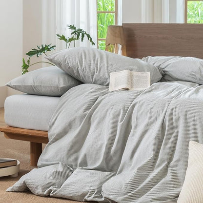 MooMee Striped Duvet Cover Set 100% Washed Cotton Linen Like Textured Breathable Durable Soft Comfy (Heathered Green Pinstripes, Queen 90"x90")
