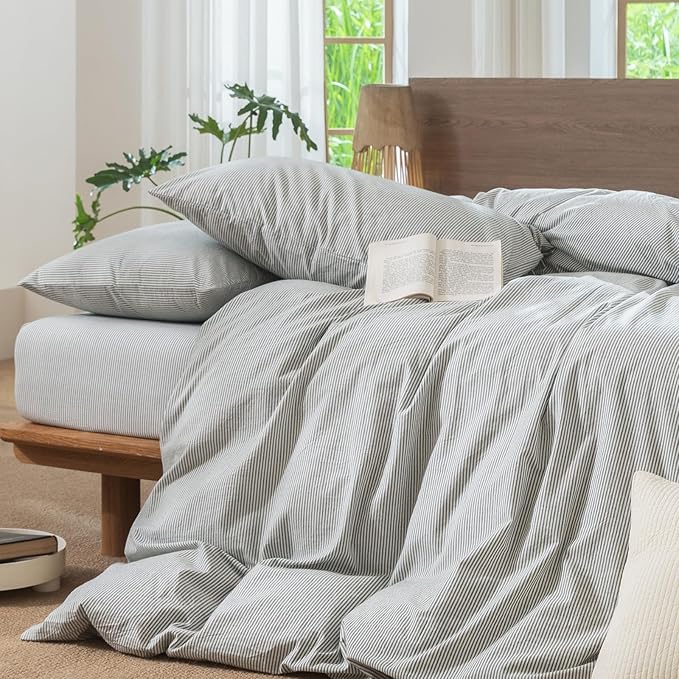 MooMee Striped Duvet Cover Set 100% Washed Cotton Linen Like Textured Breathable Durable Soft Comfy (Heathered Green Pinstripes, Oversized Full 82"x86")