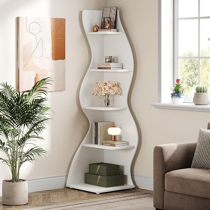 Tribesigns Wavy Corner Shelf, Modern 5-Tier Bookshelf Bookcase with Curvy Shape, Unique Plant Stand Display Rack for Living Room Small Space (White)