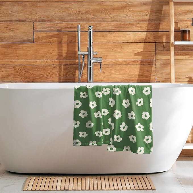 Modern Style Kitchen Towels Set of 2 Green Floral Quick Dry Microfiber Hand Towels